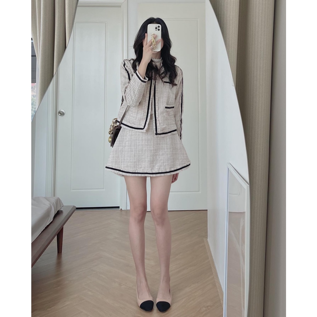 (ảnh thật) Audrey Set dạ tweed chạy viền áo khoác mix chân váy chữ A 7765 | BigBuy360 - bigbuy360.vn