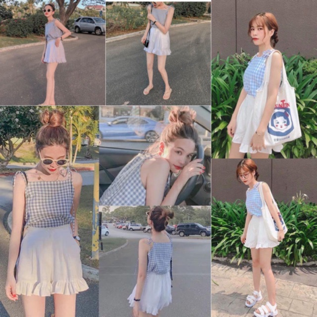 Set chân váy trắng hai lớp áo hai dây sọc caro dây áo tự cột tự điều chỉnh có dây khoá kéo ( kèm ảnh trải sàn )