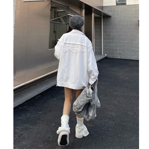 Jiashucheng Áo Khoác Denim Dáng Rộng Màu Trắng Dễ Phối Đồ Thời Trang Cho Cặp Đôi