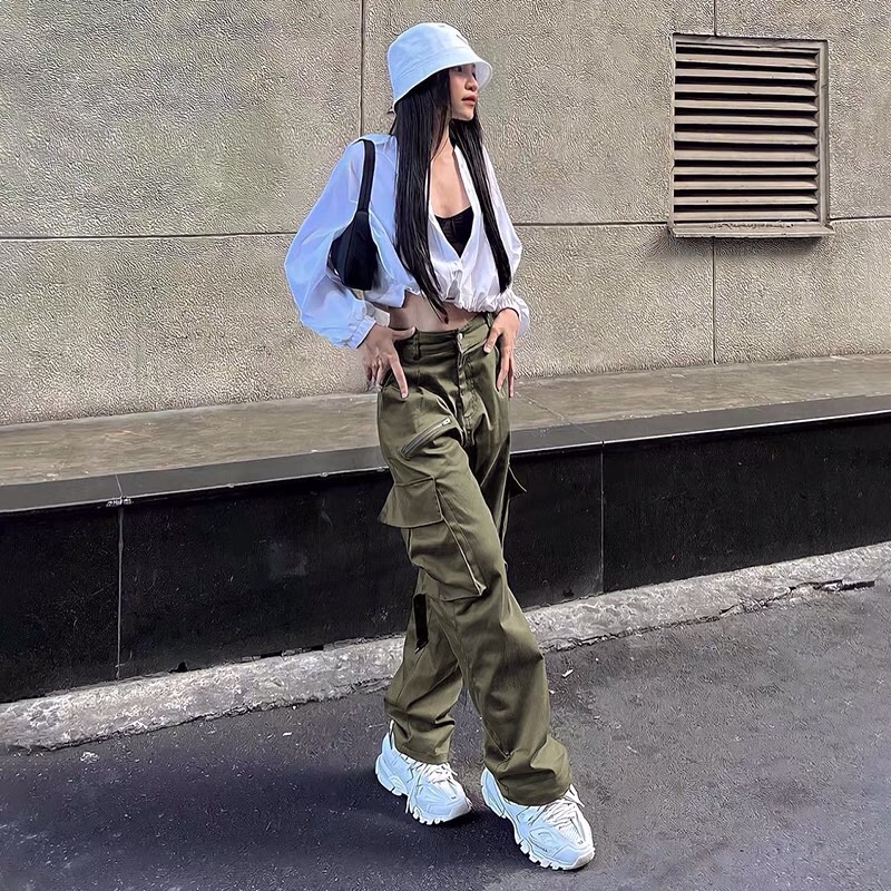 Quần kaki ống rộng túi hộp kéo khoá cạp cúc Ulzzang cạp cao hack dáng siêu chất ❤️
