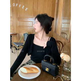 Áo set len đen: áo 2 dây gân tăm, cardigan mỏng tay dài dáng croptop