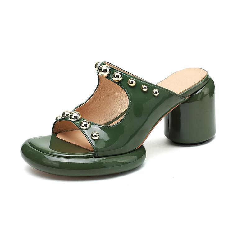 🎀 Dép Sandal Đế Dày Bằng Da Thật Quai Ngang Hở Ngón Đính Đinh Tán Thời Trang Mùa Hè Cho Nữ