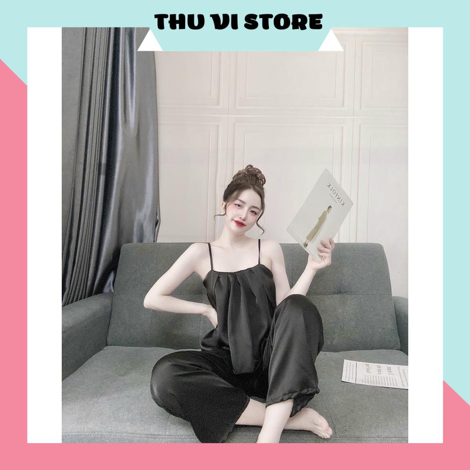Đồ Bộ Mặc Nhà, Đồ Ngủ Lụa Áo 2 Dây Xếp Ly Quần Dài Chất Lụa Satin Cao Cấp Form Rộng Rãi Dưới 65kg Mặc Vừa. | BigBuy360 - bigbuy360.vn