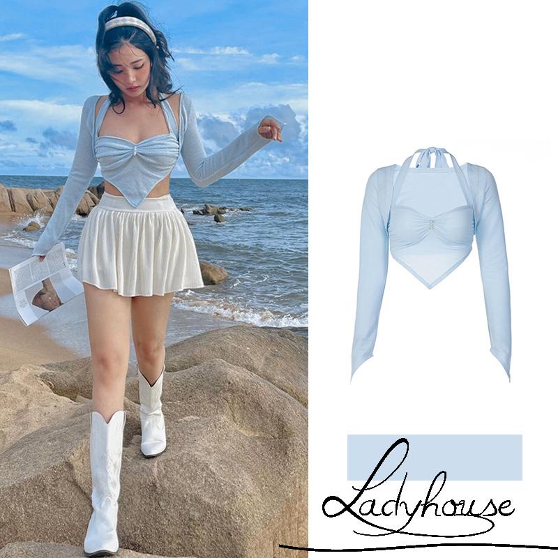 Áo Croptop Không Tay Cổ Khoét Sâu Màu Sắc Trơn Đính Ngọc Trai Giả Dành Cho Nữ