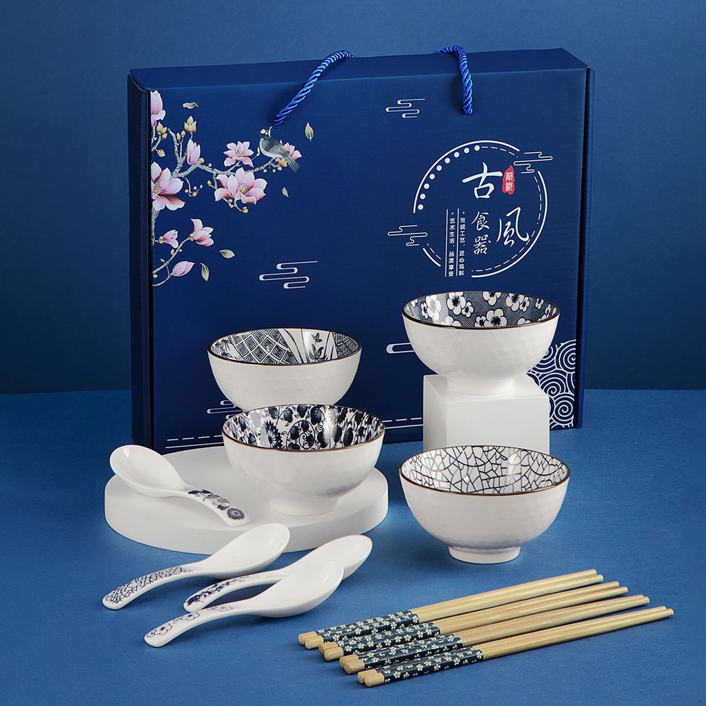 Quà tặng Tân Gia - bộ chén (bát) ăn cơm, muỗng đũa cao cấp phong cách Nhật Bản sang trọng dùng làm quà tặng