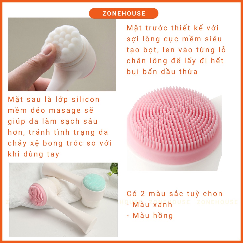 Cây rửa mặt 2 đầu massage sạch sâu ZONEHOUSE, bàn chải rửa mặt Hàn Quốc 2 đầu lông cực mềm và silicon dẻo