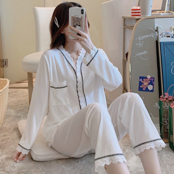 Bộ đồ ngủ tay dài chất nhung phối ren phong cách công chúa thời trang thu đông Hàn Quốc cho nữ