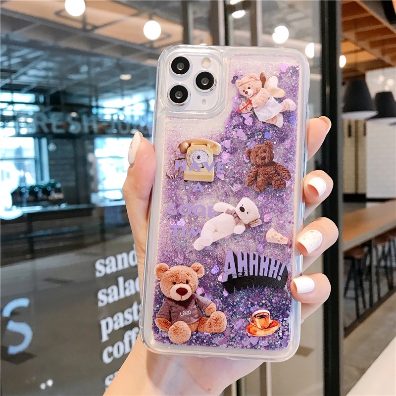 Ốp Điện Thoại TPU Mềm Họa Tiết Gấu Hoạt Hình Phối Cát Lún Lấp Lánh Cho iPhone 14 12 13 11 Pro MAX X XR XS MAX 7 8 Plus 6 6S