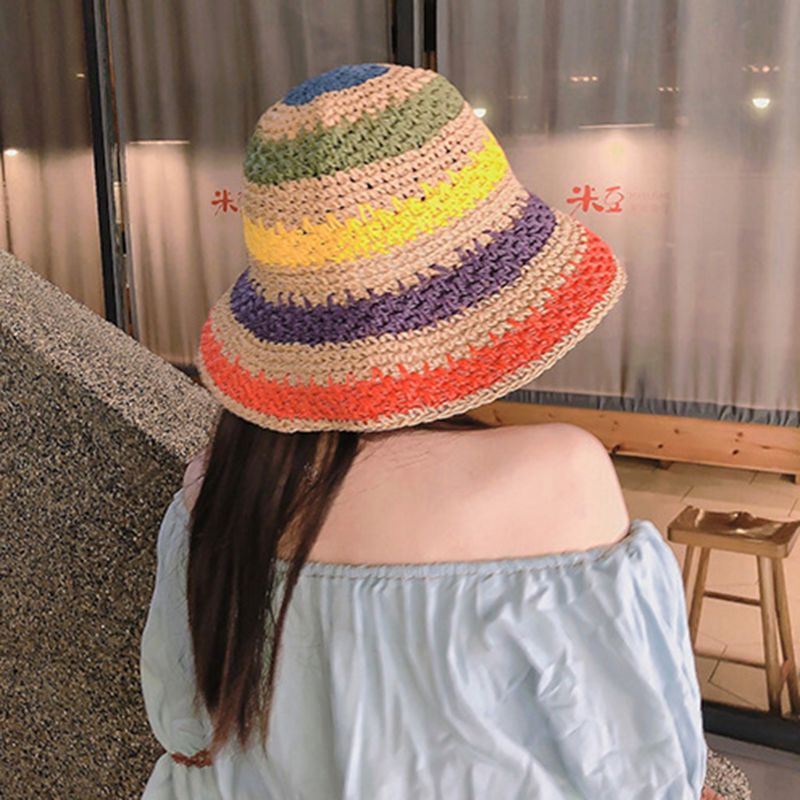 Nón Cối Rộng Vành Họa Tiết Kẻ Sọc Màu Sắc Cầu Vồng Thời Trang Mùa Hè Cho Nữ