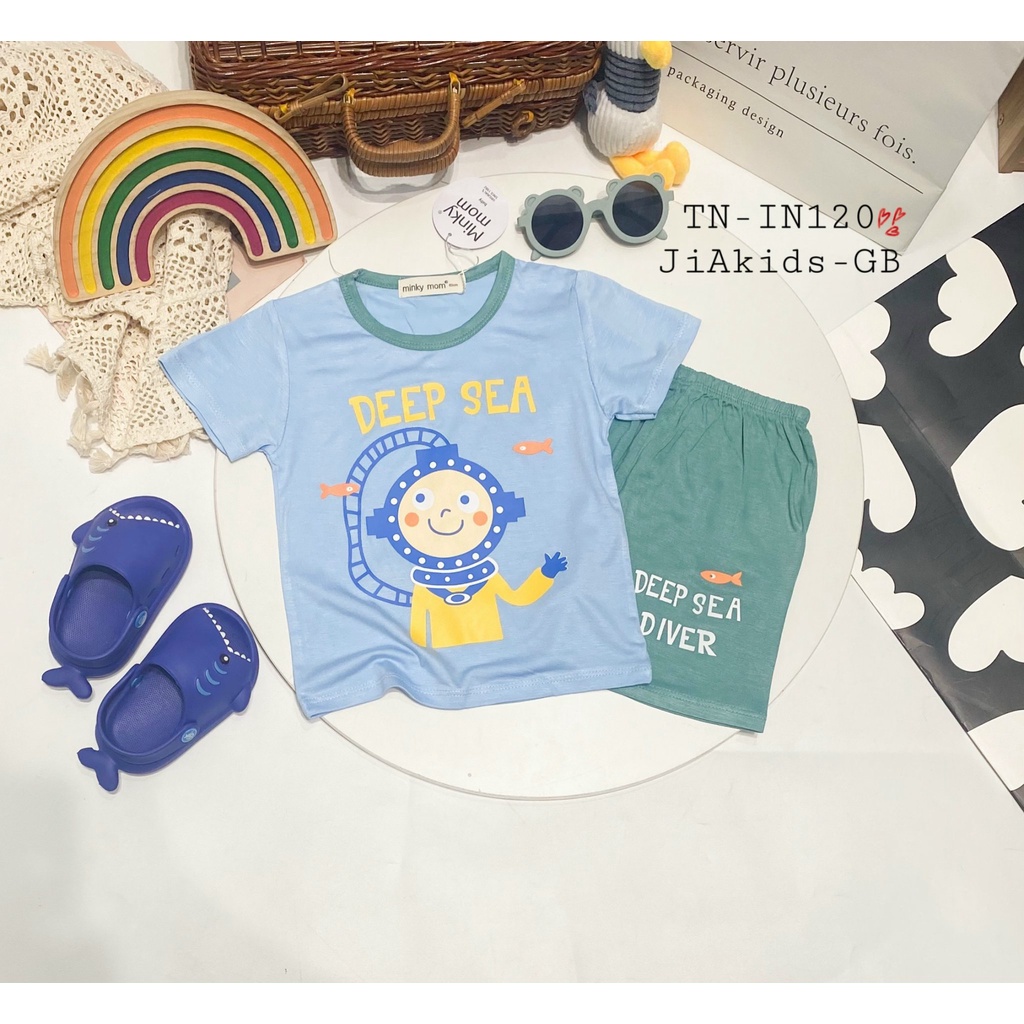 Bộ Ngắn Tay THUN LẠNH MINKY MOM In Hình Động Vật Phối Màu Áo Quần Cho Bé TN-IN120