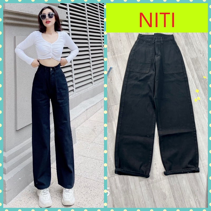 [ YÊU ĐỜI ] QUẦN JEANS ỐNG RỘNG NỮ LƯNG CAO 1 NÚT 2 TÚI HỘP TRƯỚC MÀU ĐEN MÀU XÁM NHẠT LAI CUỐN VẢI DÀY DẶN MỀM MỊN NITI