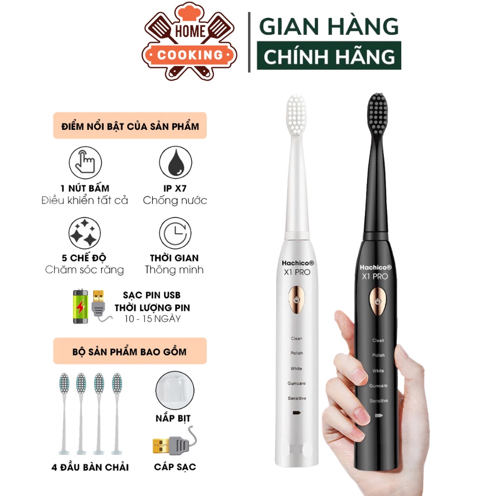Bàn chải điện người lớn, máy vệ sinh chăm sóc răng miệng Sonic 5 chế độ xả nước, tặng kèm 4 đầu thay thế, sạc pin