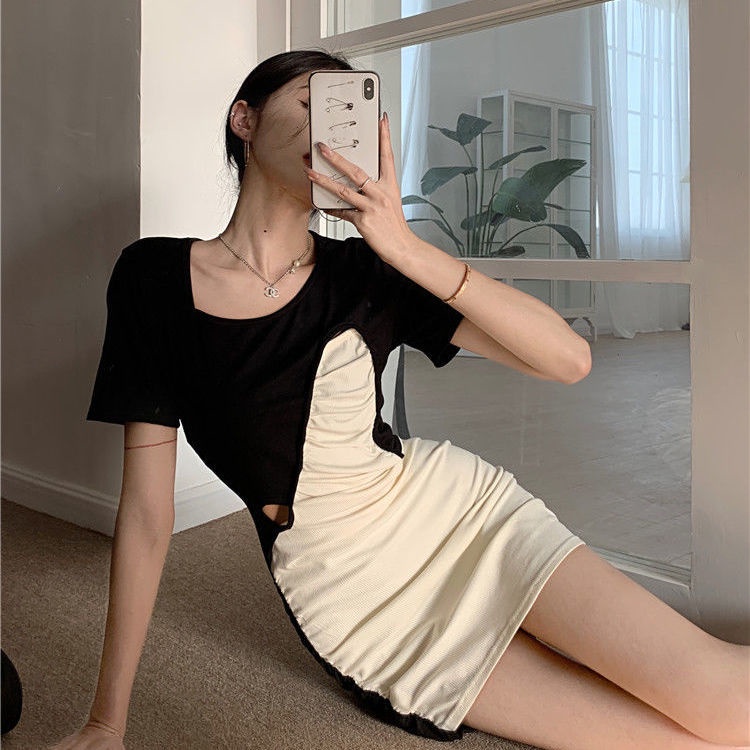 COZOK Đầm Tay Ngắn Thiết Kế Không Đồng Đều Xinh Xắn Thời Trang