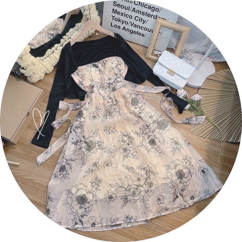 SET ĐẦM MIDI 2S BÚN HOA NUDE CỘT EO +  KHOÁC ĐEN