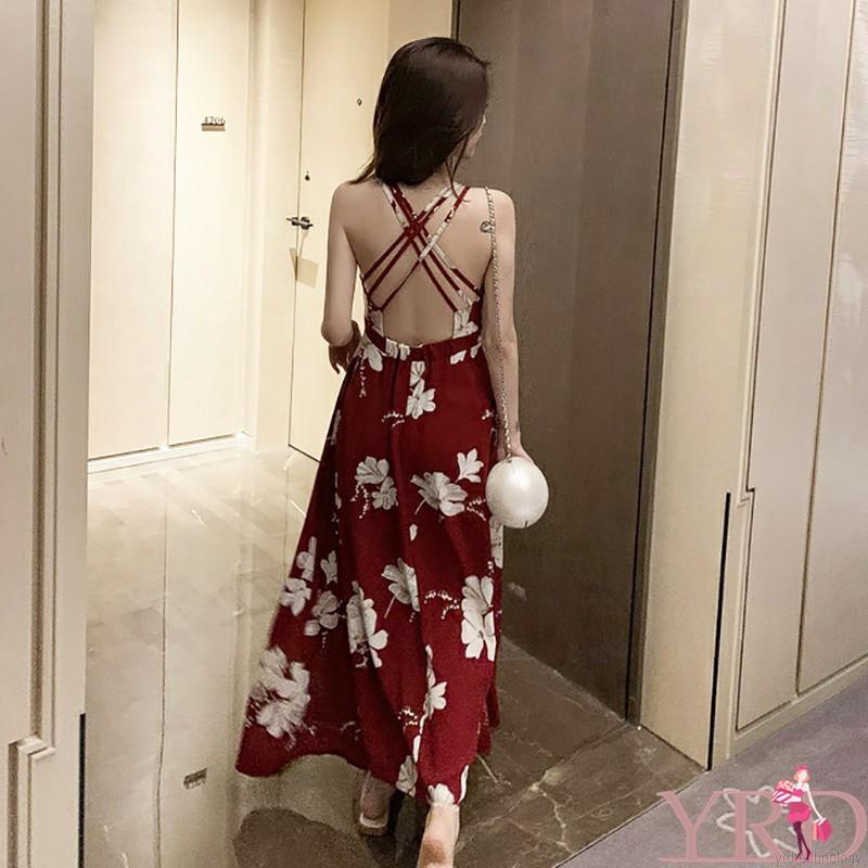 Váy chiffon cổ chữ V xếp nếp phong cách Hàn Quốc