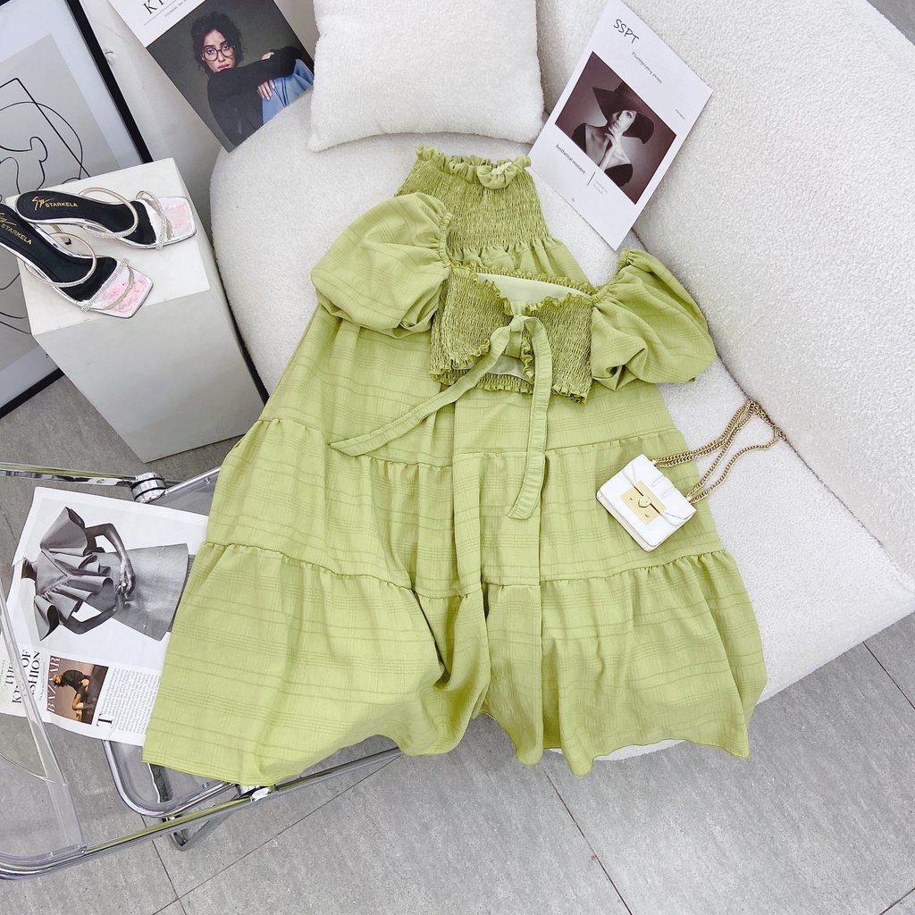 SET CROP XANH BOCHUN RÚT DÂY NGỰC + CHÂN VÁY MIDI