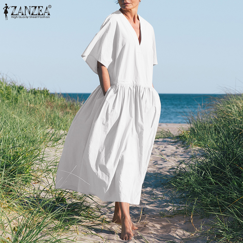 ZANZEA Đầm Maxi Tay Lửng Cổ Chữ V Màu Trơn Thời Trang Cho Nữ