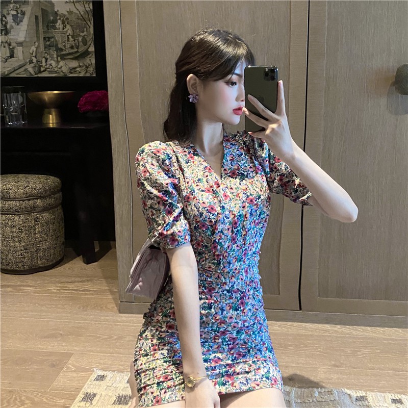 Đầm dáng ôm mini hoa nhí tay ngắn Emilyshop