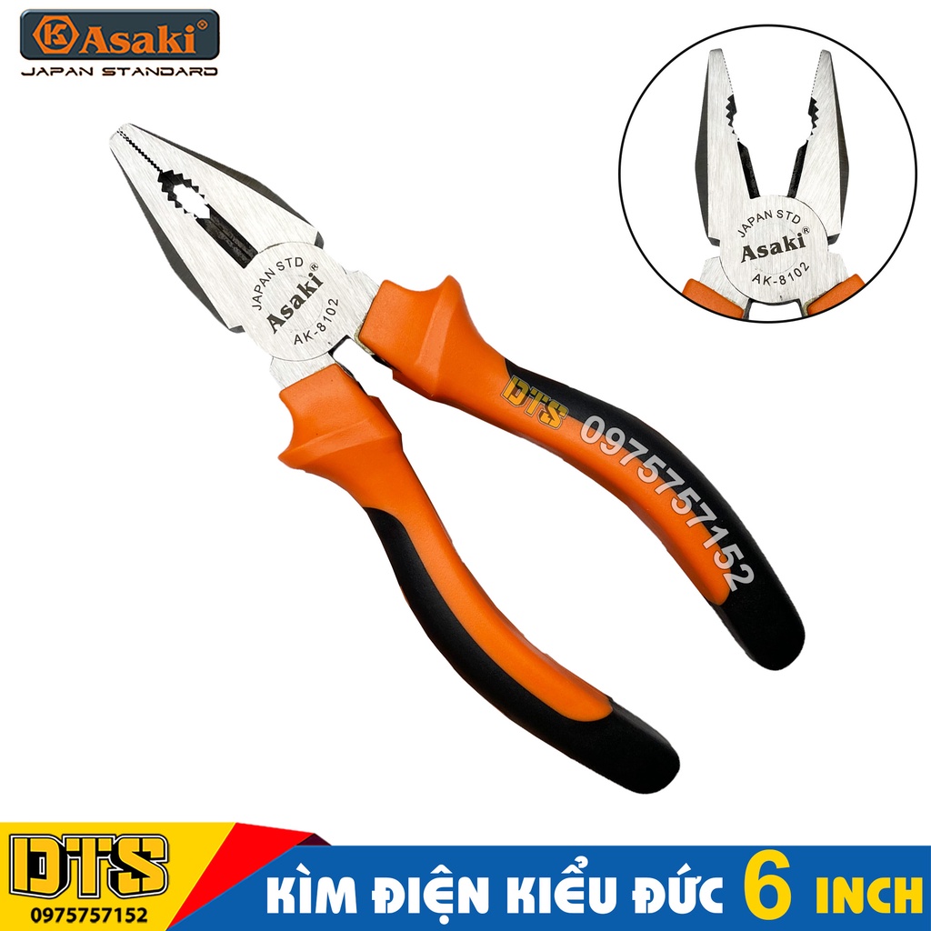 Kìm điện 6 inch kiểu Đức Asaki, kềm răng tổ hợp A+cut Tech thép CR-V siêu cứng chống gỉ sét, cắt tuốt dây đa năng