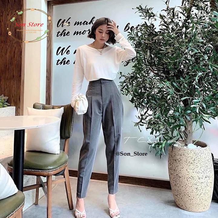 Quần baggy công sở cạp liền 2 cúc xếp ly đùi