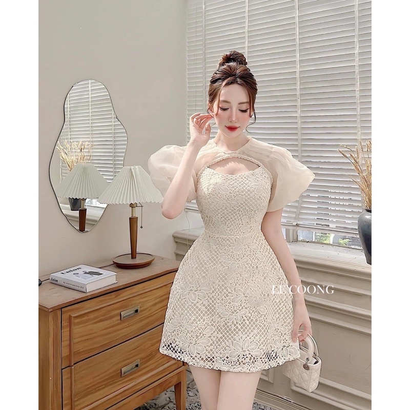Váy Ren Tay Bồng LECOONG V193 Khoét Ngực Đi Tiệc Tiểu Thư