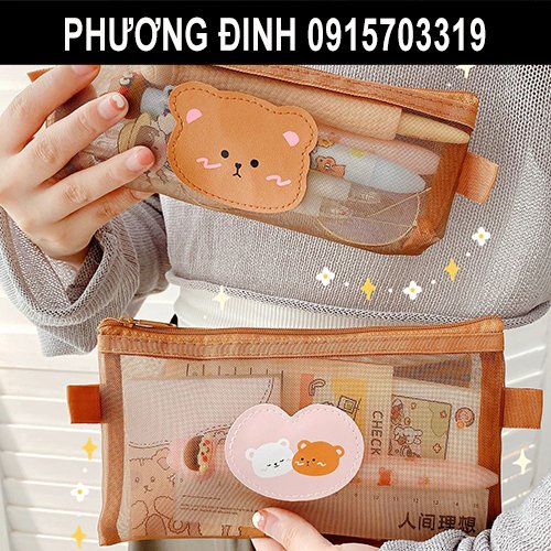 Hộp bút lưới, túi đựng bút trong suốt, bóp viết Gấu nâu dễ thương