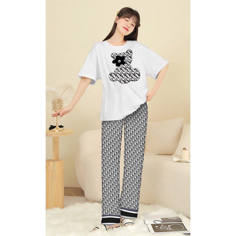 [10.10 Sale Freeship] Set bộ đồ mặc nhà, Set bộ thun tay ngắn hình gấu kèm quần dáng dài ống rộng thoải mái năng động