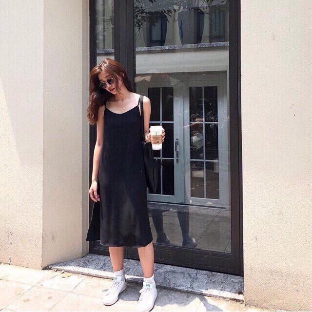 🚛  Váy 2 dây, đầm xuông - váy chất đũi lụa trơn basic nữ