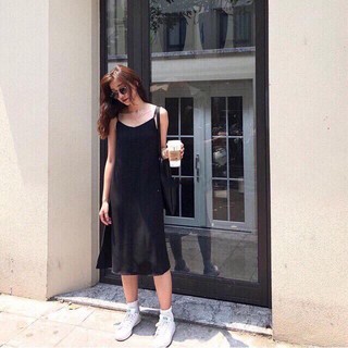 🚛 [FREESHIP] Váy 2 dây, đầm xuông - váy chất đũi lụa trơn basic nữ