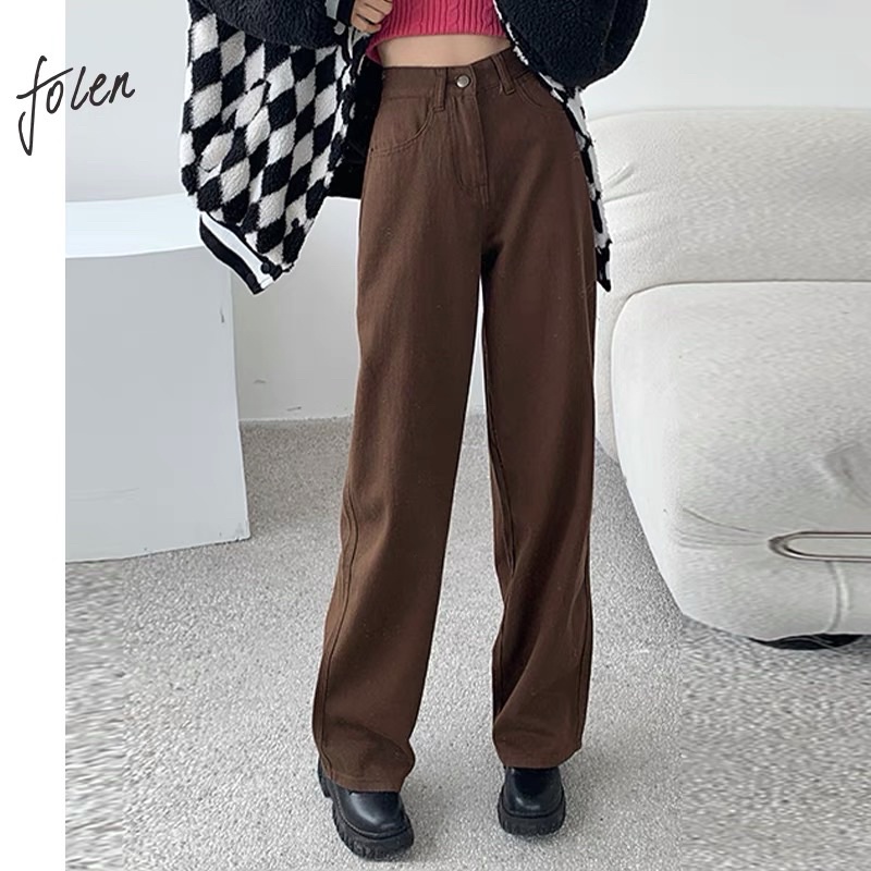 Quần Kaki jean nâu đất ống rộng lưng cao cực cá tính | BigBuy360 - bigbuy360.vn