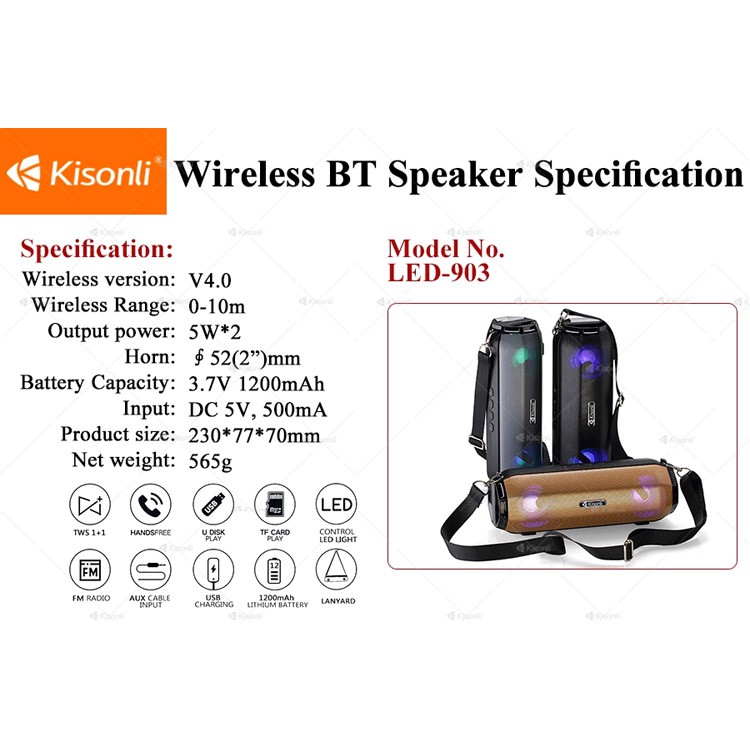 [Mã ELHACE giảm 4% đơn 300K] Loa bluetooth Kisonli LED-903 Hifi Speaker tích hợp đèn led, hỗ trợ kết nối cùng lúc 2 loa