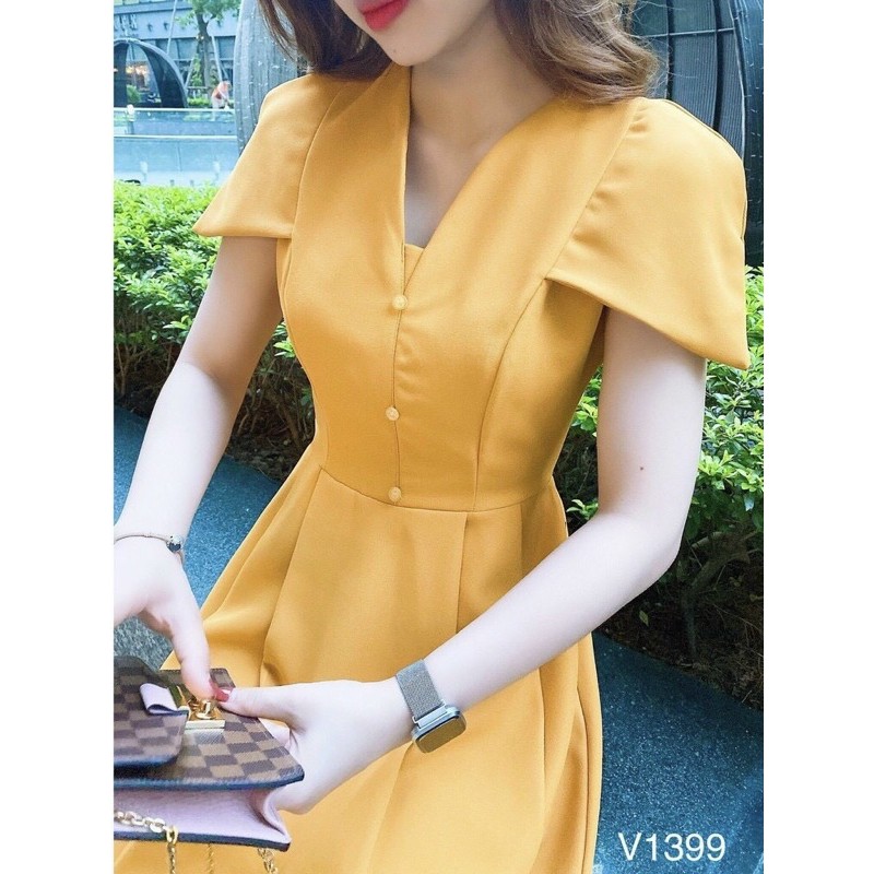 Đầm Xoè Vàng Tiểu Thư Cổ V Phối Nút Chất Mị Mát Váy Dự Tiệc Thiết Kế Sang Chảnh Thời Trang Công sở Du Lịch
