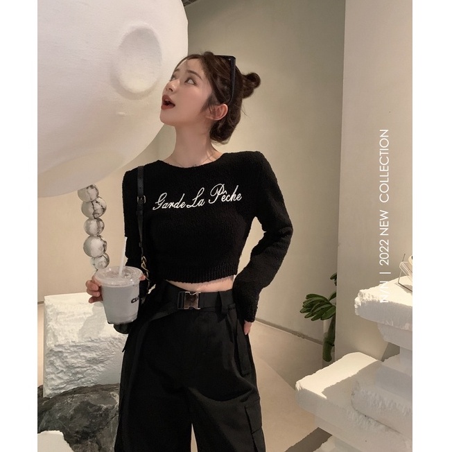 Set Áo Len Tay Dài + Áo Thun Cộc Tay In Chữ Thời Trang Nữ