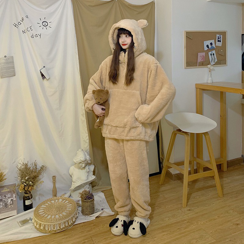 Bộ Ngủ Lông Cừu Mũ Tai Gấu Màu Be Nâu Siêu Xinh, Bộ quần ao ngủ nữ mùa đông ấm áp dày dặn, áo lông nữ - THÔNGTHU | BigBuy360 - bigbuy360.vn