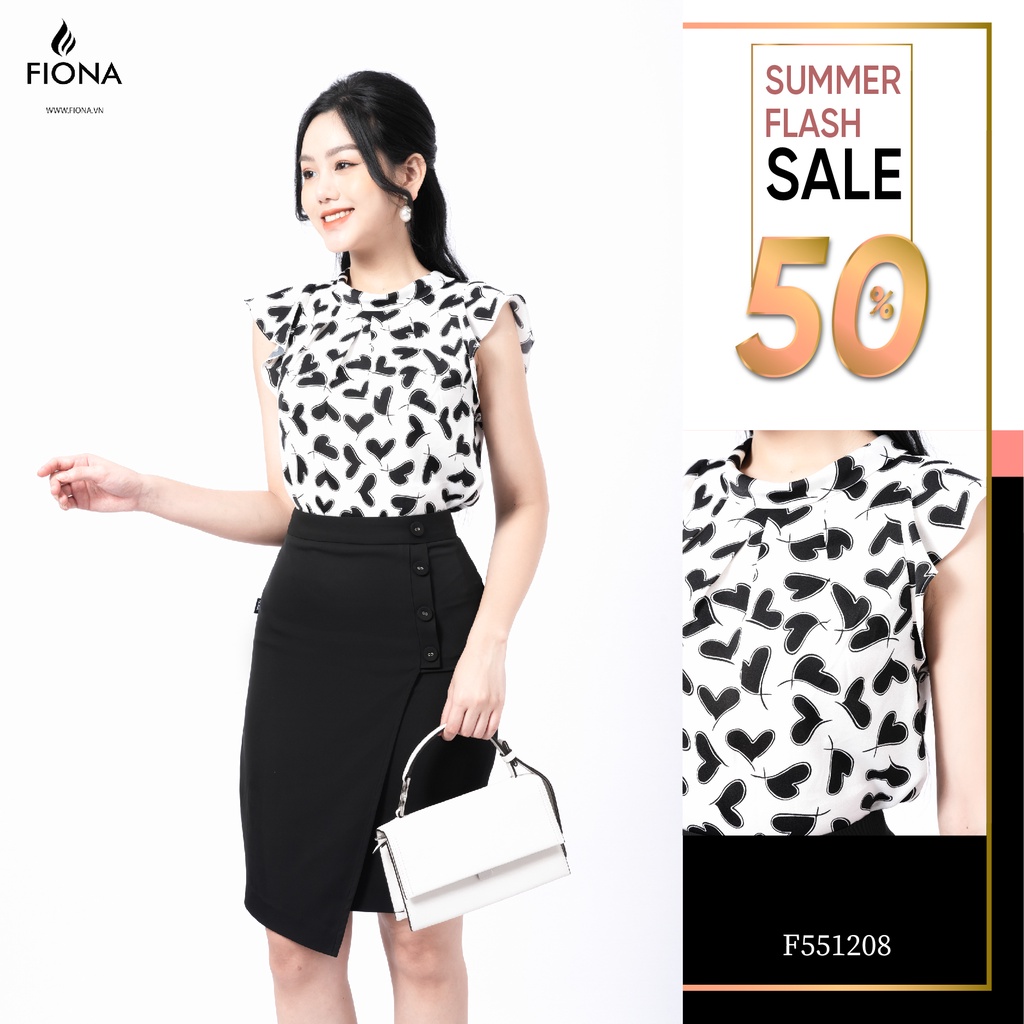 Áo sơ mi tay bèo, dáng suông FIONA, áo sơ mi sát nách họa tiết trái tim, cổ tròn mã F551208