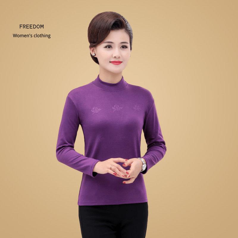 freedom  Quần áo phụ nữ trung niên, mùa thu cho nữ, bà mẹ, thun trơn màu cổ cao nửa vải cotton, dài tay đơn giản người n