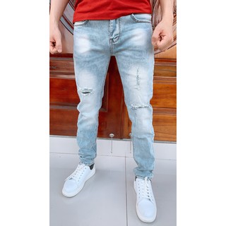 Quần Jean Nam Chất Bò Cao Cấp Xanh Rách In Chữ Gấu Quần quan_jean_nam_dep_VNXK