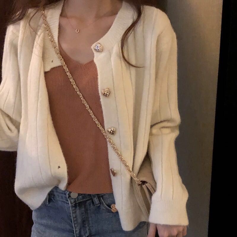 Áo Khoác Cardigan Dệt Kim Phối Nút Hình Trái Tim Xinh Xắn Cho Nữ | BigBuy360 - bigbuy360.vn