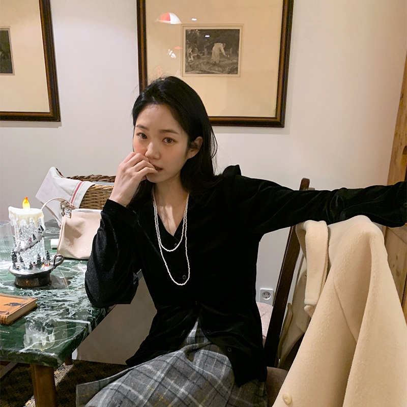 SUXI Áo Sơ Mi Tay Dài Cổ Chữ V Màu Sắc Thanh Lịch