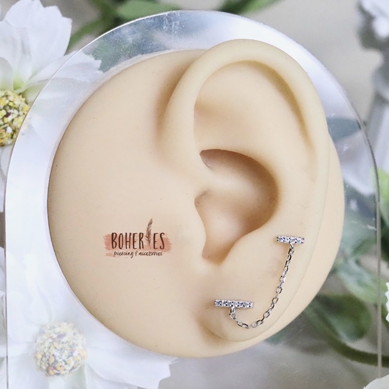 Boheries/Xỏ khuyên, khuyên tai dây nối 2 lỗ xỏ bằng bạc 925 không gỉ