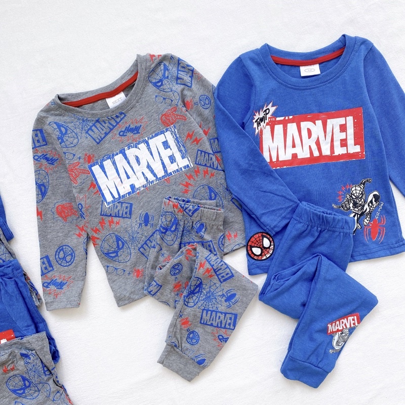 Set 2 bộ cotton dài tay cho bé trai in marvel xanh ghi