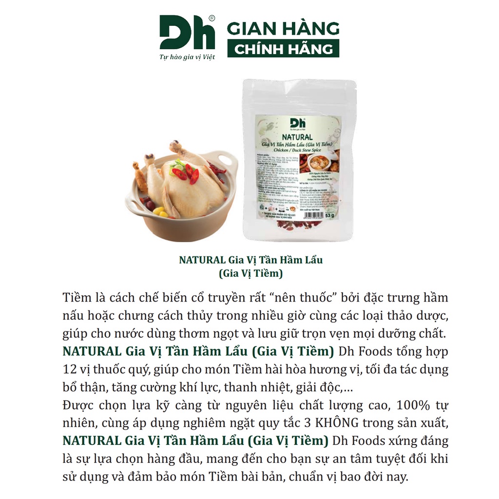 Gia vị tần hầm lẩu (tiềm) Natural DH Foods nêm sẵn thành phần tự nhiên gói 53gr - DHGVT98