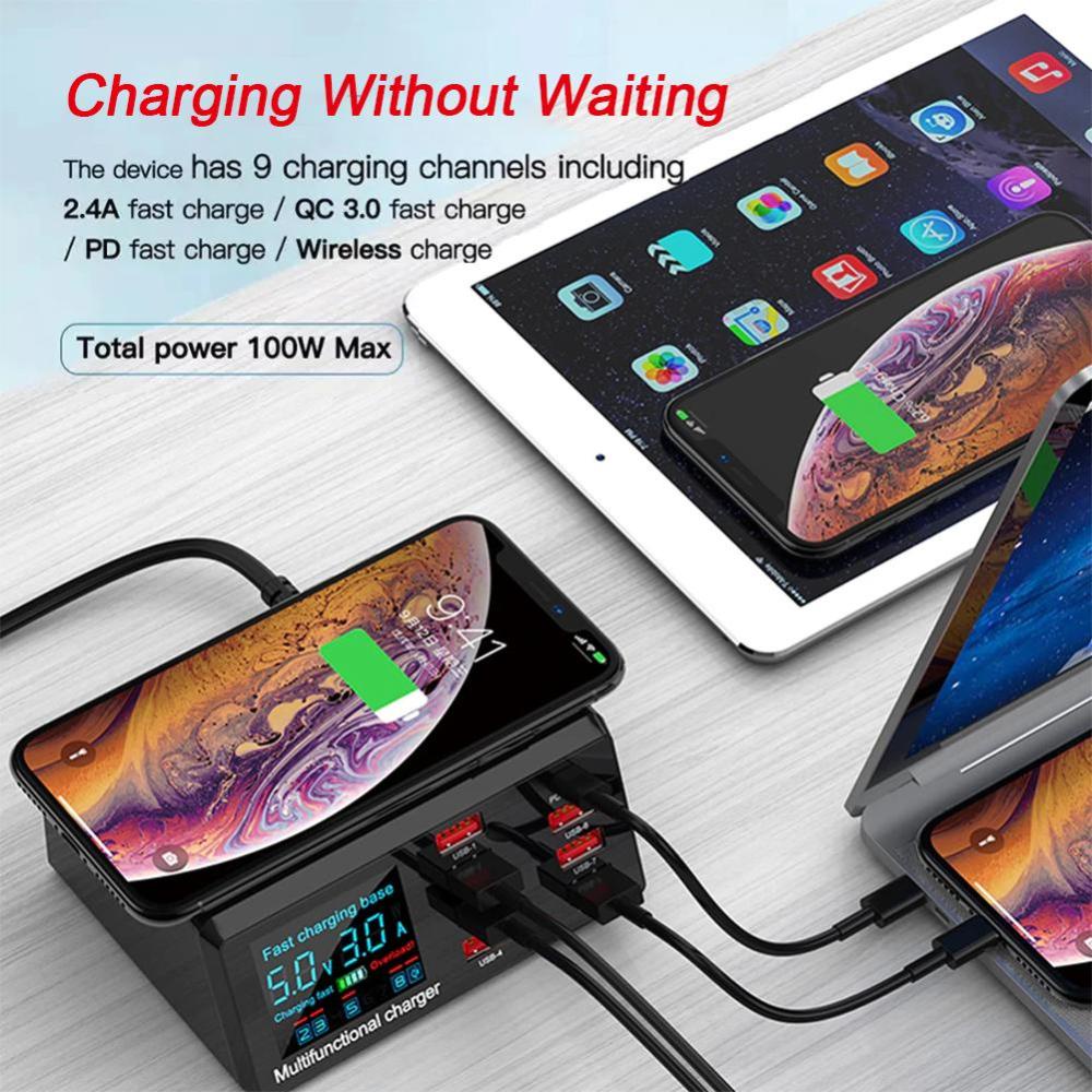 Đế Sạc Nhanh Không Dây Thông Minh DIGIFOUNDER 100W 8 Cổng USB QC3.0 Cho iPhone Samsung Huawei N1V3