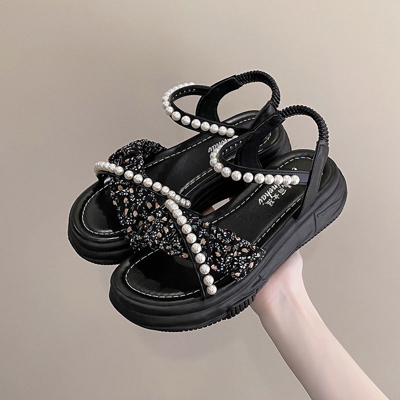 Giày Sandal Đế Dày Quai Đính Ngọc Trai Thời Trang Dành Cho Nữ
