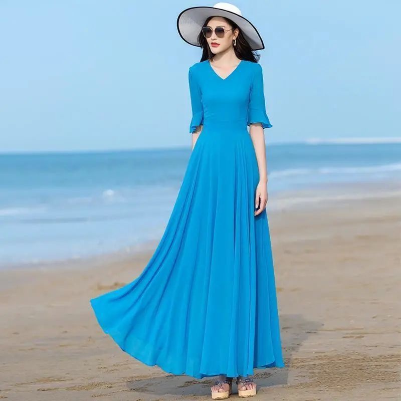Đầm Voan Hai Lớp Dáng Dài Màu Sắc Trơn Thời Trang Đi Biển Dành Cho Nữ