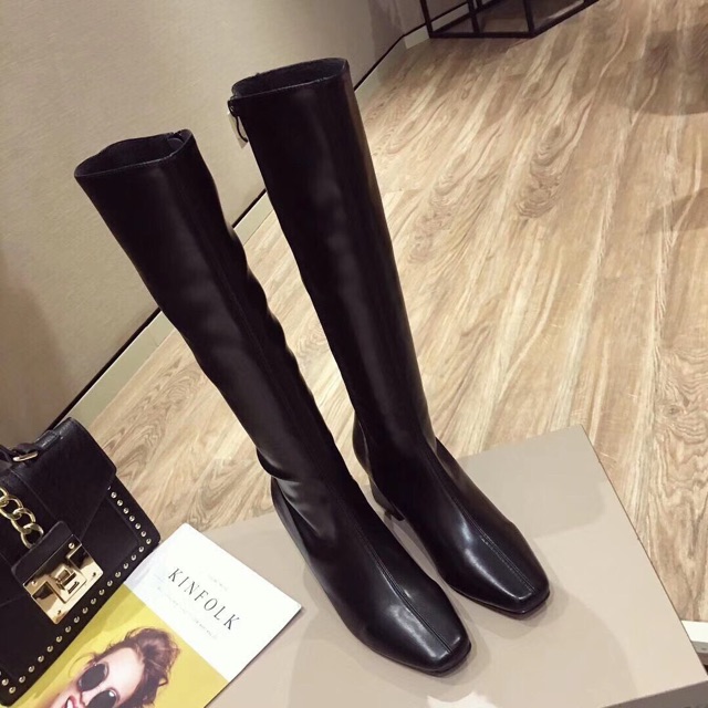 Bốt boot đùi lửng da lì mũi vuông gót vuông fullbox hàng quảng châu cao cấp