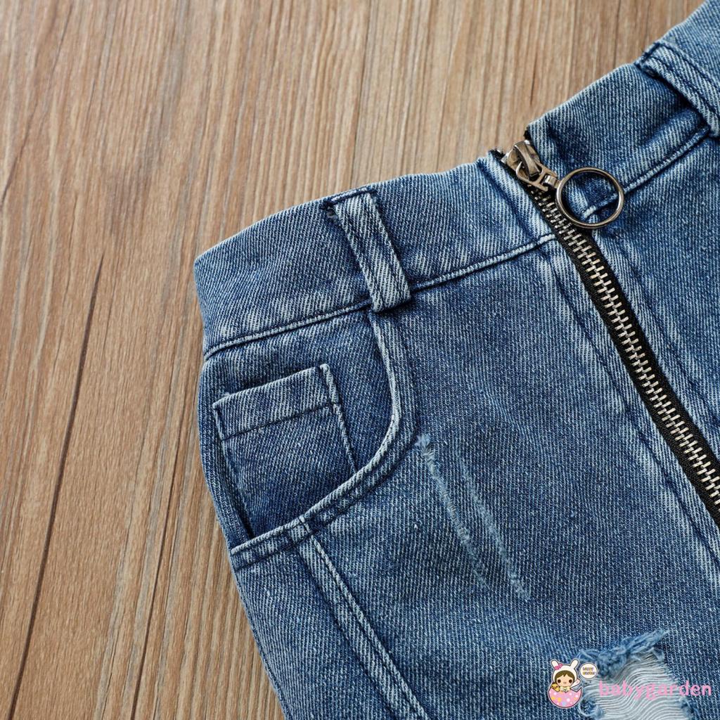 Set Đồ 2 Món Gồm Áo Không Tay Hở Vai In Hoa Cúc + Chân váy jean Rách Dành Cho Bé Gái 1-6 Tuổi