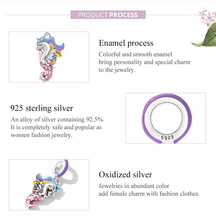 Mặt vòng cổ BAMOER bằng bạc 925 hình cá ngựa hoạt họa