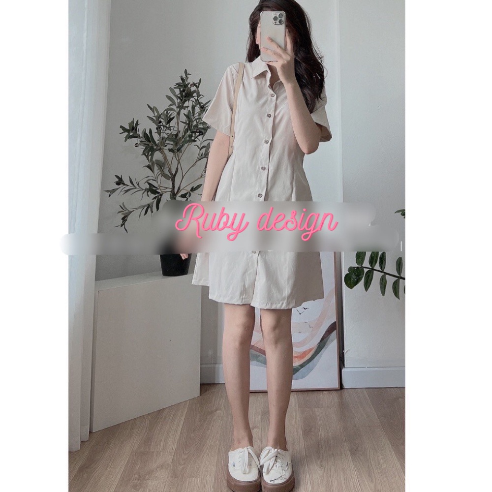 Đầm nữ váy nữ basic cổ sơ mi cài cúc chiết eo lưng chun co giãn nhiều màu ngắn tay style hàn quốc mặc đi dự tiệc đi chơi