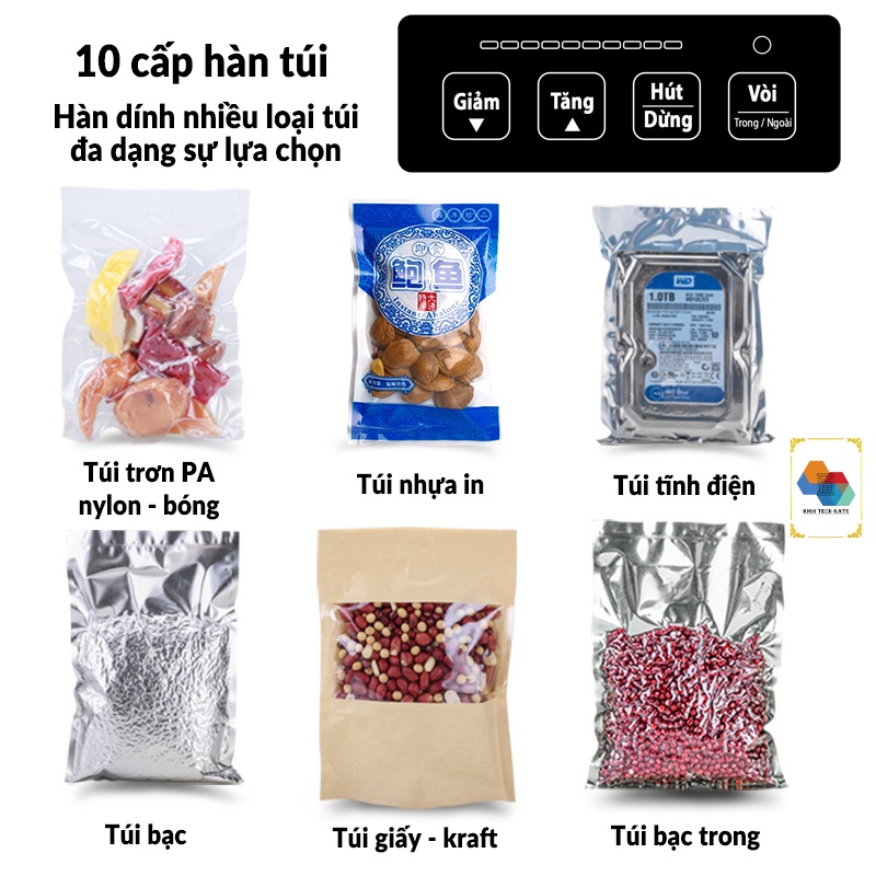 Máy hút chân không thực phẩm không kén túi HTG P290A hút đồ khô ướt, hàn miệng túi độc lập, TIẾNG VIỆT, thổi phồng túi